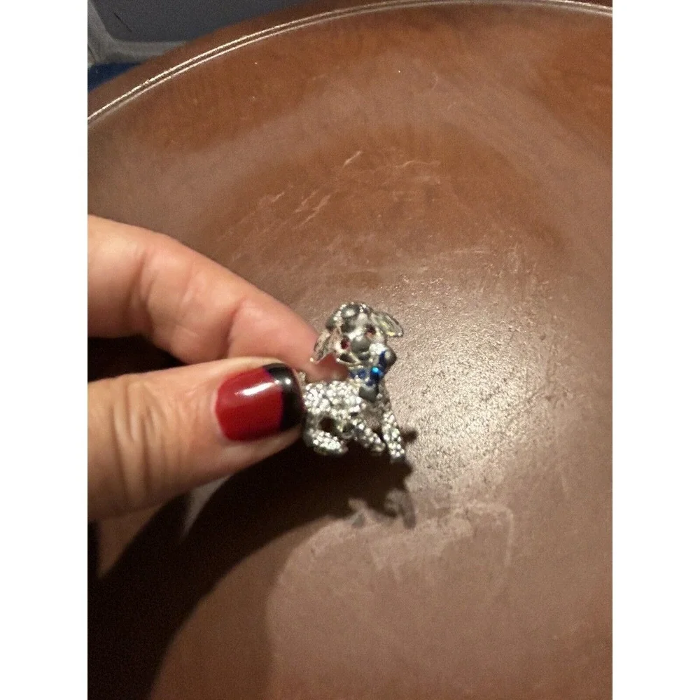 Unmarked‎ Silver Tone Lamb Pin or Brooch Red Rhinestone Eyes Blue Bow